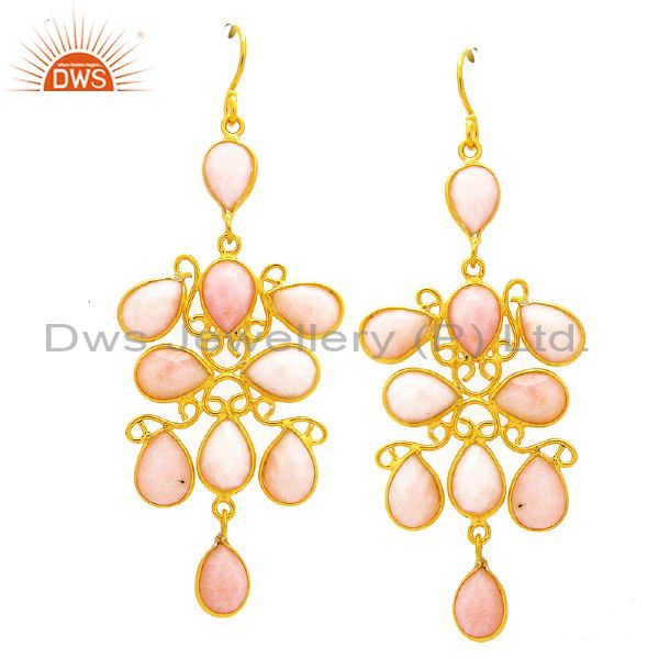 18k Gold Plated Sterling Silver Pink Opal Dangle Earrings Womens Jewelry