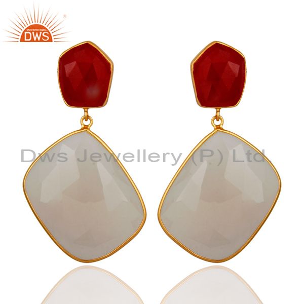 18K Gold Plated Sterling Silver Chalcedony And Red Aventurine Dangle Earrings