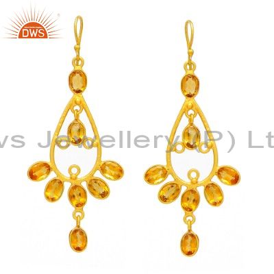 24K Yellow Gold Plated Sterling Silver Citrine Gemstone Dangle Earrings