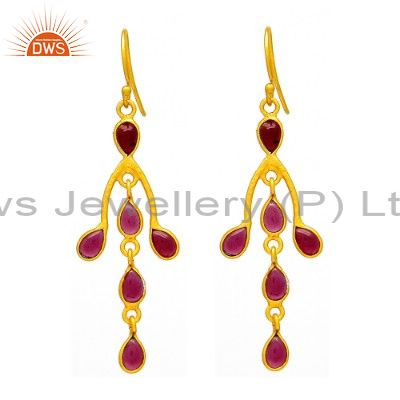 Natural Garnet Gemstone Dangle Earrings Made In 22K Yellow Gold Over Silver