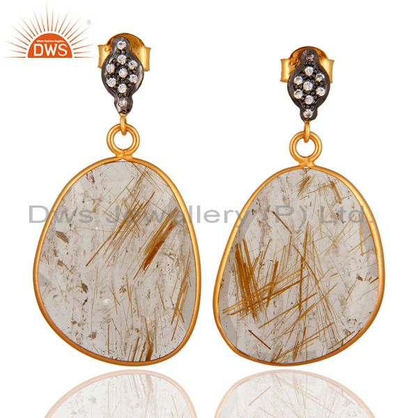 Quality Gemstone Golden Rutile Quartz CZ Studded Earring Made in Sterling Silver