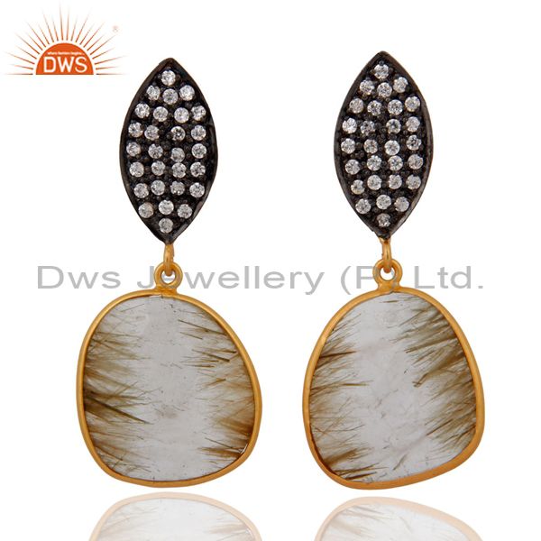 Sliced Rutilated Quartz & White Cubic Zirconia Earring in 18k Gold On Silver 925