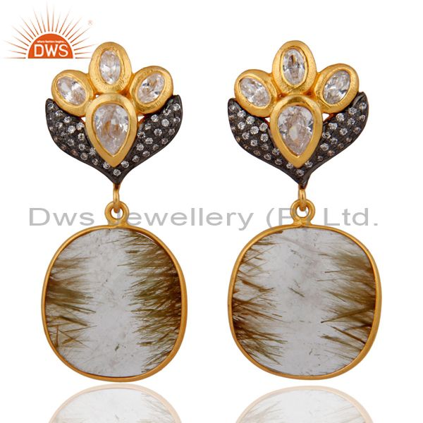Glamorous 18K Gold Plated 925 Sterling Silver Rutilated Quartz Dangle Earrings