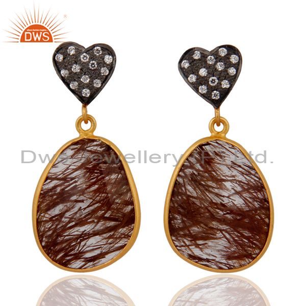 18k Gold Plated 925 Sterling Silver Rutilated Quartz Earring With Cubic Zirconia