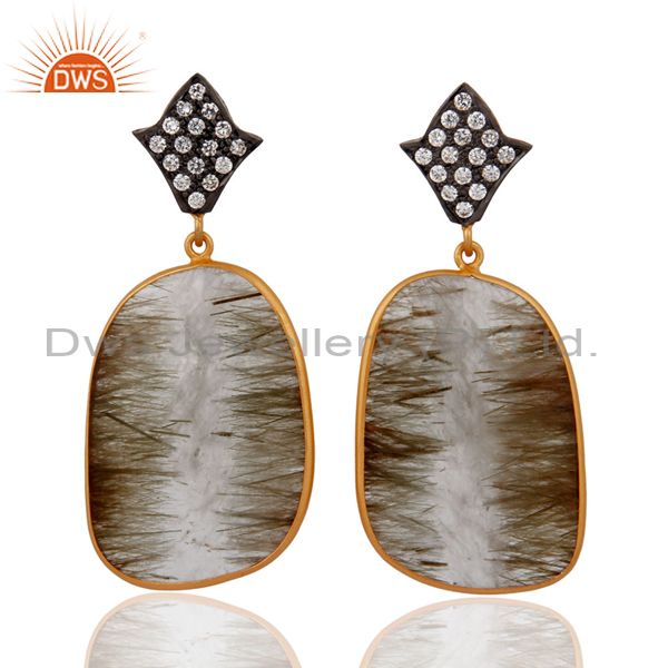 14k Gold Over 925 Sterling Silver Rutile Quartz Gemstone Fashion Dangle Earrings