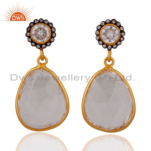 Gold Plated 925 Sterling Silver Crystal Quartz Dangle Earrings With White Zircon