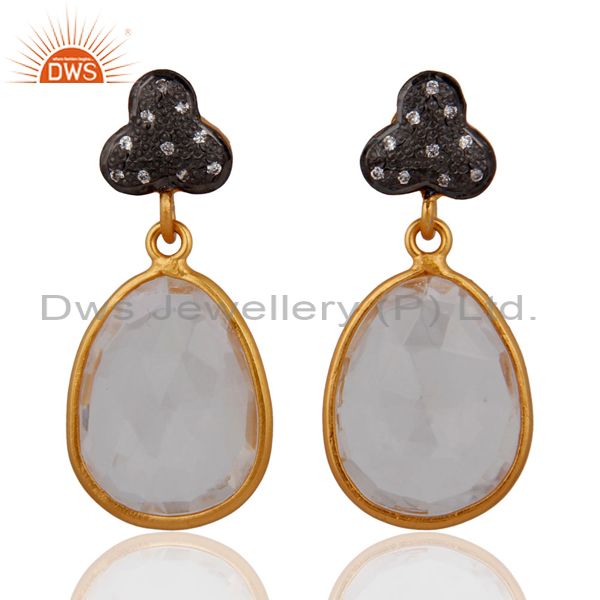 Natural Clear Quartz Crystal Dangle Earring in Gold Plated On Sterling Silver