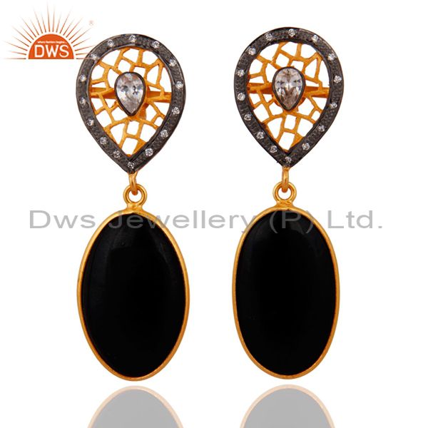 925 Sterling SIlver White Zircon & Black Onyx Gemstone Earring With Gold Plated