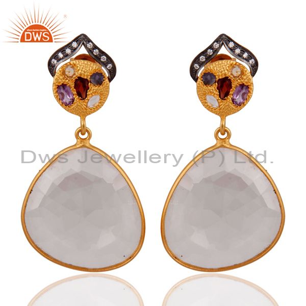 .925 Sterling Silver Faceted Crystal Bezel Set Gold Plated Dangle Drop Earrings