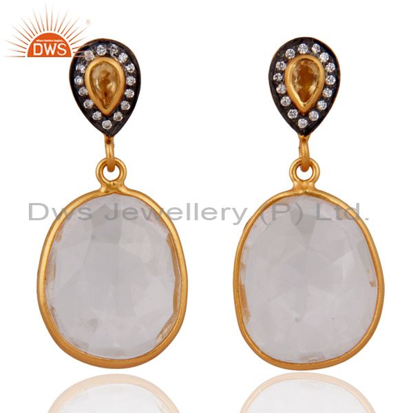 Natural Crystal Quartz 925 Sterling Silver Gold Plated Citrine Dangle Earrings