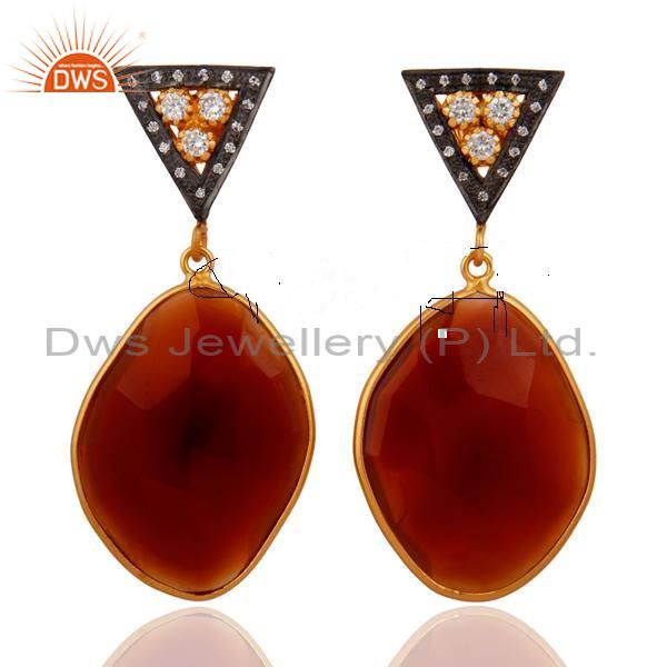 18k Gold Over Sterling Silver Red Onyx Faceted Gemstone Pave CZ Dangle Earring