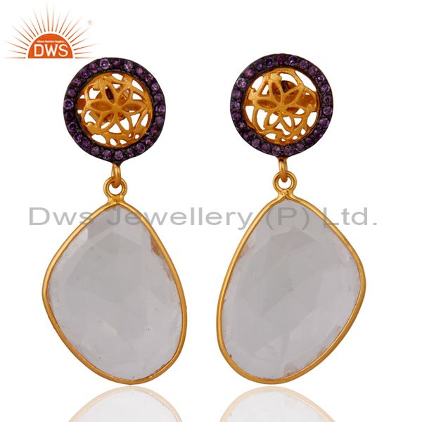 Sterling Silver Natural Amethyst Set Crystal Quartz Earring With Gold Plated