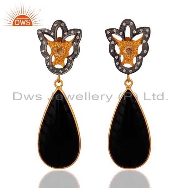 Carving Black Onyx Gemstone Citrine Sterling SIlver Designer Pave CZ Earrings