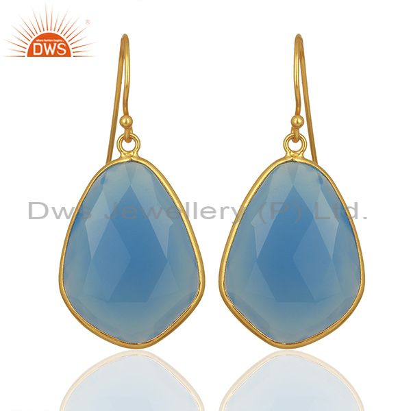 Blue Chalcedony Gemstone 925 Silver Gold Plated Earrings Jewelry