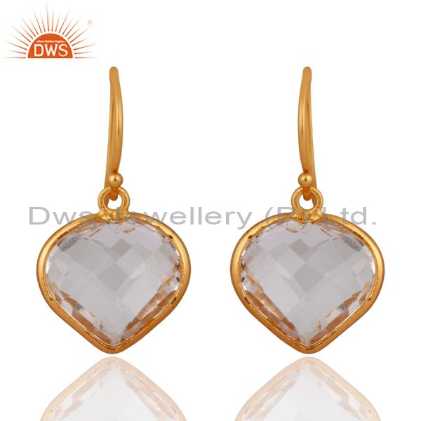Gold Plated Sterling Silver Crystal Quartz Heart Gemstone Bezel Dangle Earring