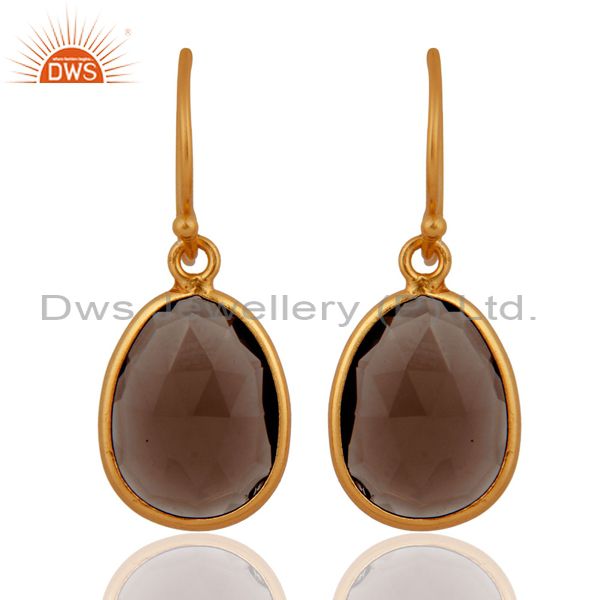 Faceted Smoky Quartz Plated Gold Sterling Silver Latching Earrings Gift Jewelry