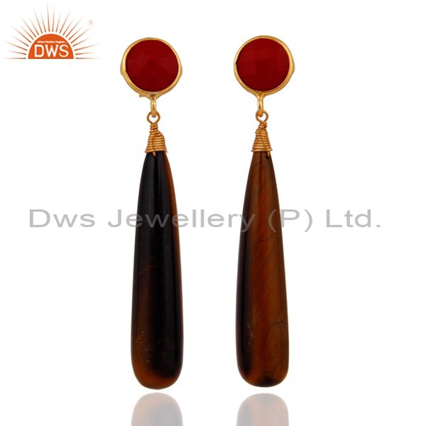 Red Coral And Tiger Eye Teardrop Gemstone Earrings in 18k Gold On 925 Silver