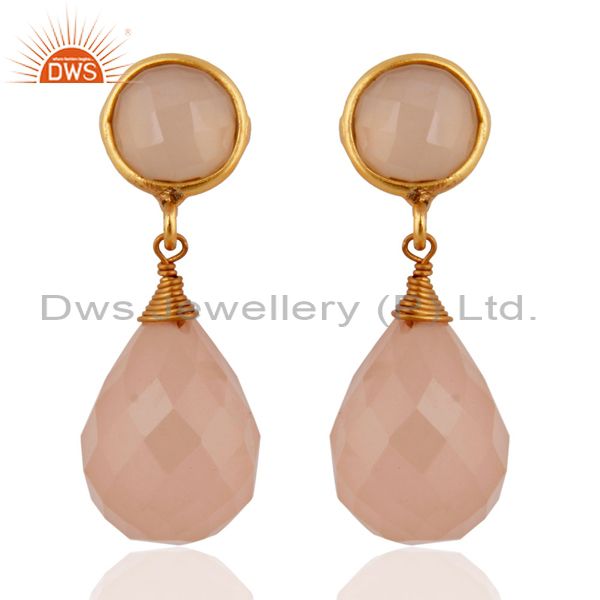 24k Gold Plated Faceted Rose Chalcedony Drop Gemstone Sterling Silver Earrings