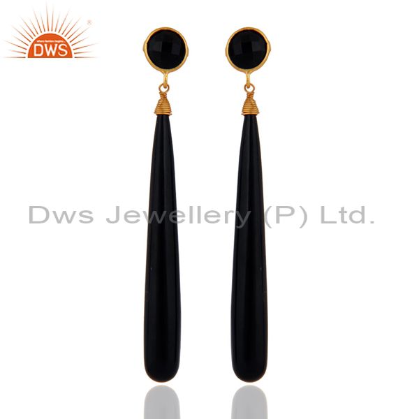 Handmade Natural Black Onyx Tear Drop 925 Sterling Silver Gold Plated Earrings