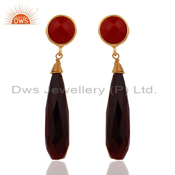 Yellow Gold Plated 925 Sterling SIlver Tiger Eye & Coral Drop Dangle Earrings