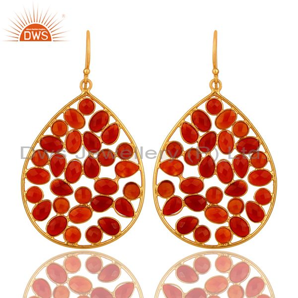 14K Yellow Gold Plated Sterling Silver Red Onyx Designer Drop Dangle Earrings