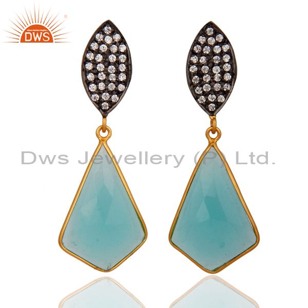 18k Gold Over Sterling Silver Handcrafted Glass Aqua CZ-Set Drop Post Earrings