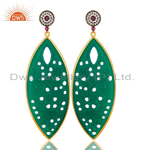 14K Yellow Gold Plated Sterling Silver Carved Green Onyx Dangle Earrings With CZ