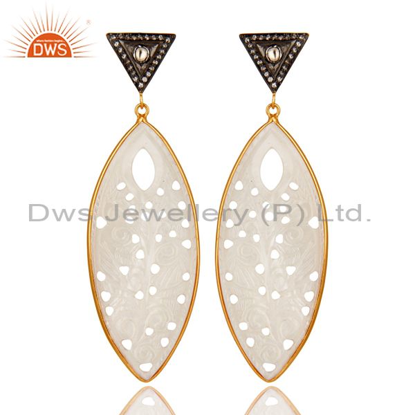 18K Gold Over Silver Mother Of Pearl Carved Bezel Set Dangle Earrings With CZ