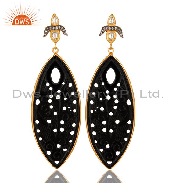 Black Onyx Gemstone Carving Bezel Set Dangle Earrings In 18K Gold On Silver