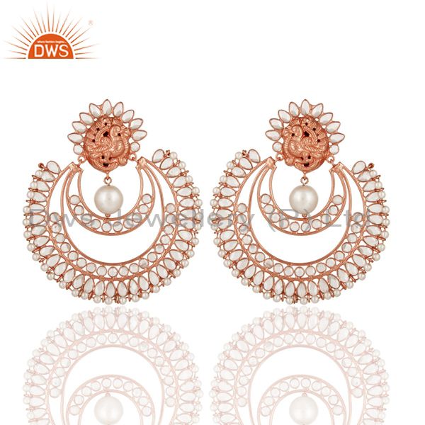 Indian Rose Gold Plated Sterling Silver Natural Pearl And White Zircon Earrings