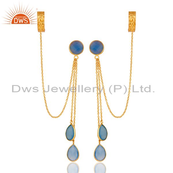 18K Yellow Gold Plated Sterling Silver Blue Chalcedony Chain Ear Cuff Earrings