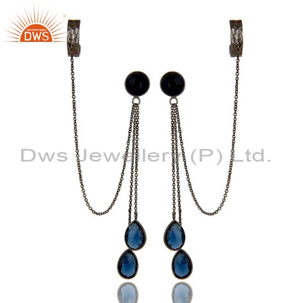 Oxidized Sterling Silver Blue Corundum Gemstone Chain Fashion Ear Cuff Earrings