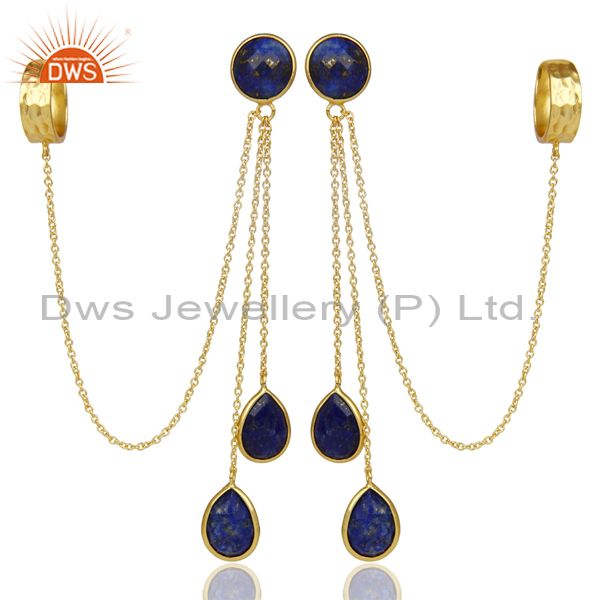 18K Yellow Gold Plated 925 Sterling Silver Lapis Lazuli Chain Ear Cuff Earrings