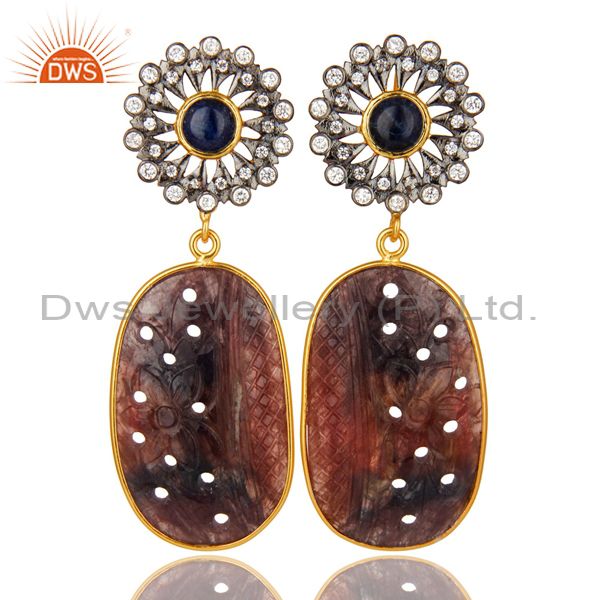 22K Gold Plated Sterling Silver Multi Sapphire Carved Dangle Earrings With CZ