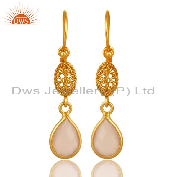 Bezel-Set Rose Chalcedony Sterling Silver Earrings - Yellow Gold Plated