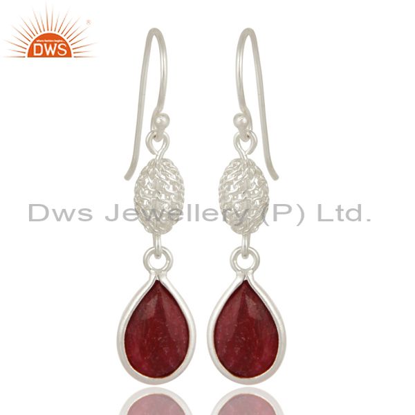 925 Sterling Silver Ruby Red Corundum Bezel-Set Drop Earrings
