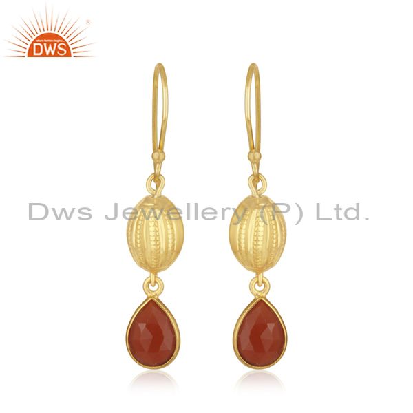 14k Gold Plated Sterling Silver Natural Red Onyx Gemstone Drop Earrings