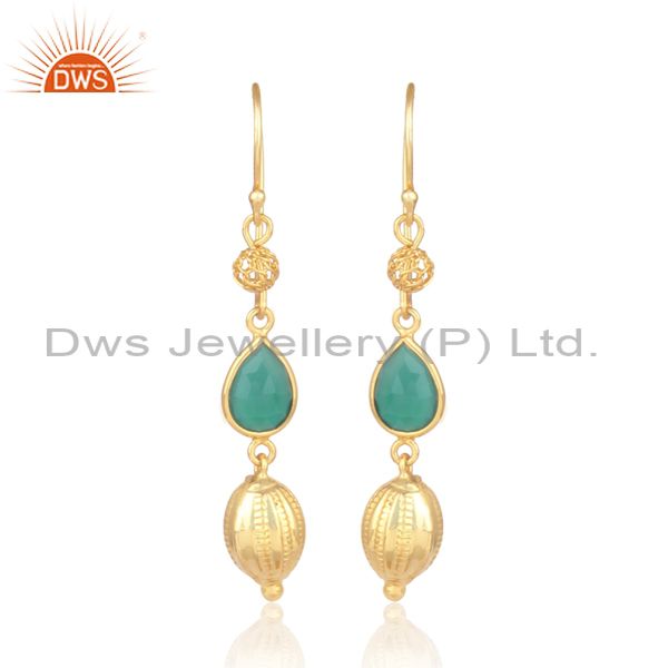 18K Gold Over Sterling Silver Green Onyx Gemstone Dangle Earrings