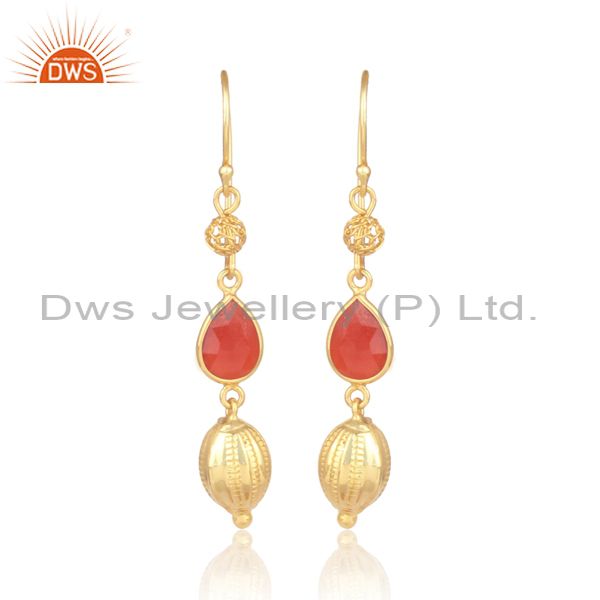 18K Yellow Gold Over Sterling Silver Red Onyx Gemstone Dangle Earrings