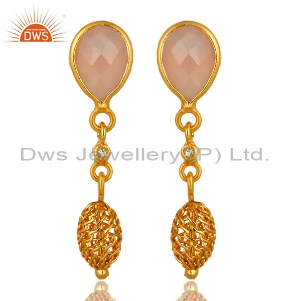 Rose Chalcedony Gemstone Sterling Silver Drop Earrings With Gold Plated