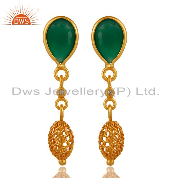Natural Faceted Green Onyx Sterling Silver Bezel-Set Earrings - Gold Plated