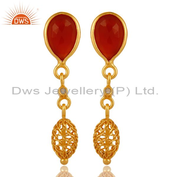 White Topaz And Red Onyx Drop Earrings in 18K Gold Over Sterling Silver