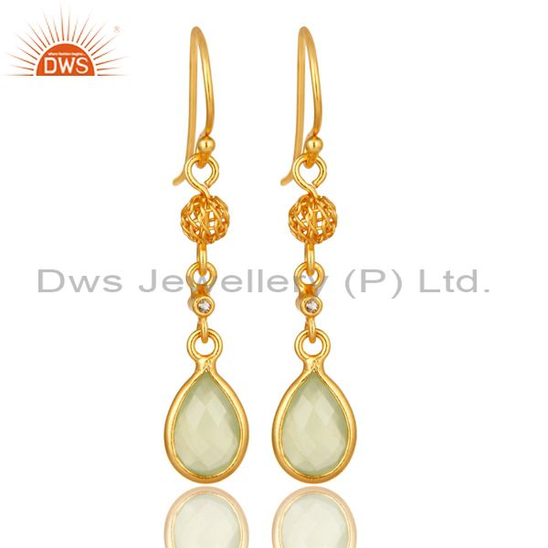 Gold Plated Sterling Silver Green Chalcedony And White Topaz Dangle Earrings