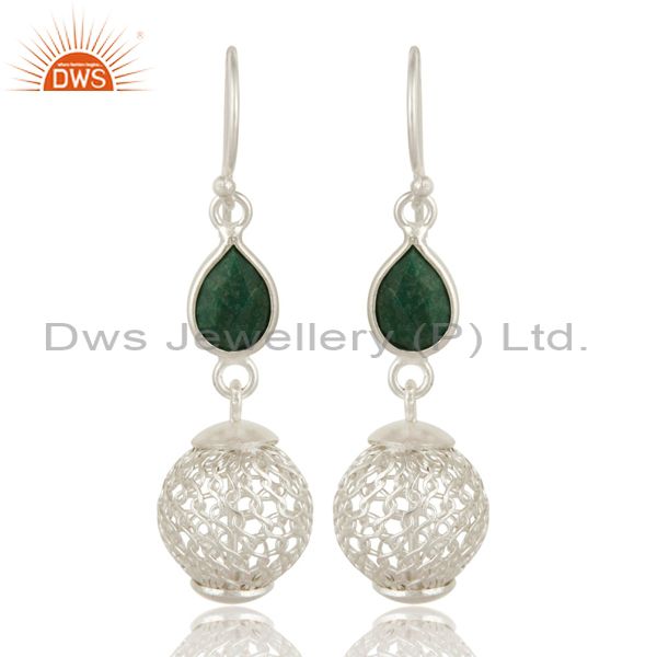 Solid Sterling Silver Ball Earrings With Green Corundum Jewelry