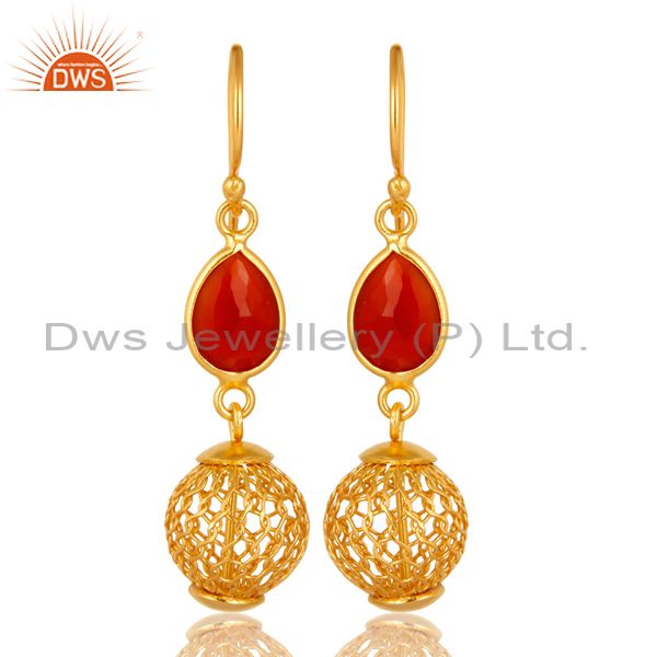 925 Sterling Silver Red Onyx Designer Earrings With Gold Plated