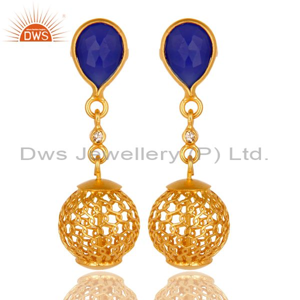 18K Yellow Gold Plated Sterling Silver Blue Chalcedony Designer Dangle Earrings
