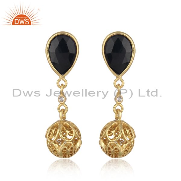 22K Yellow Gold Plated 925 Sterling Silver Black Onyx Dangle Earrings Jewelry