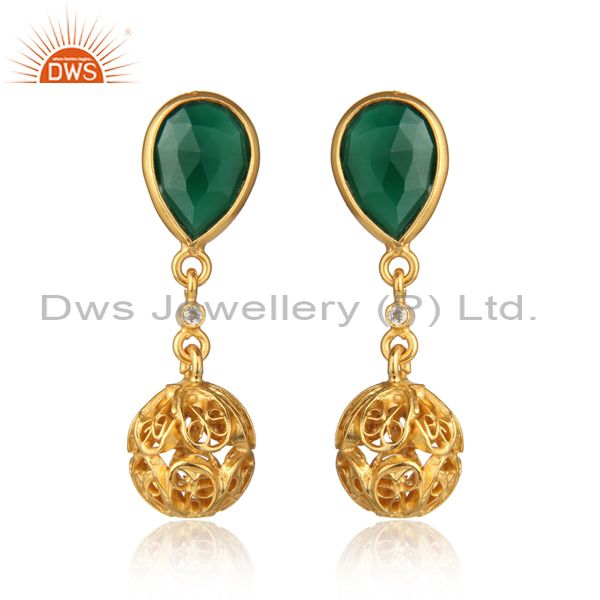 925 Sterling Silver Green Onyx Gemstone Drop Earrings With Gold Plated