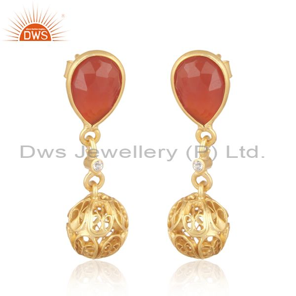 14K Yellow Gold Plated Sterling Silver CZ And Red Onyx Designer Dangle Earrings