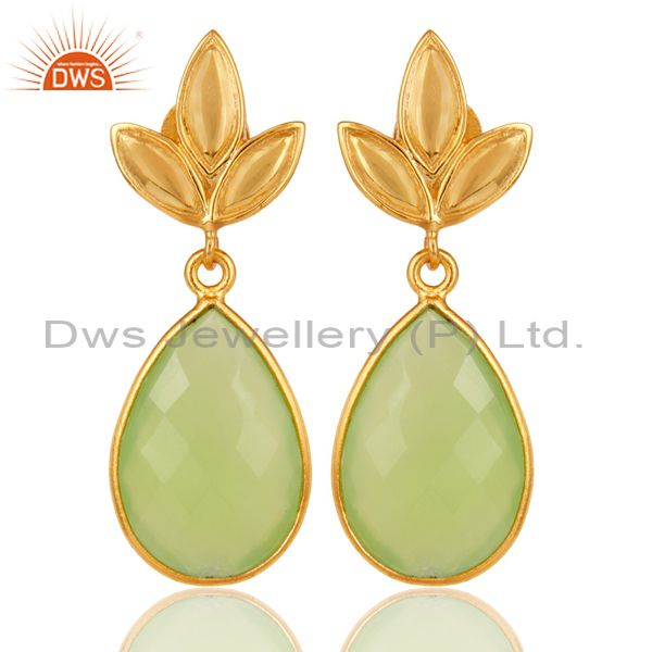 Prehnite Chalcedony Leaf Stud Gold Plated Wholesale Drop Sterling Silver Jewelry